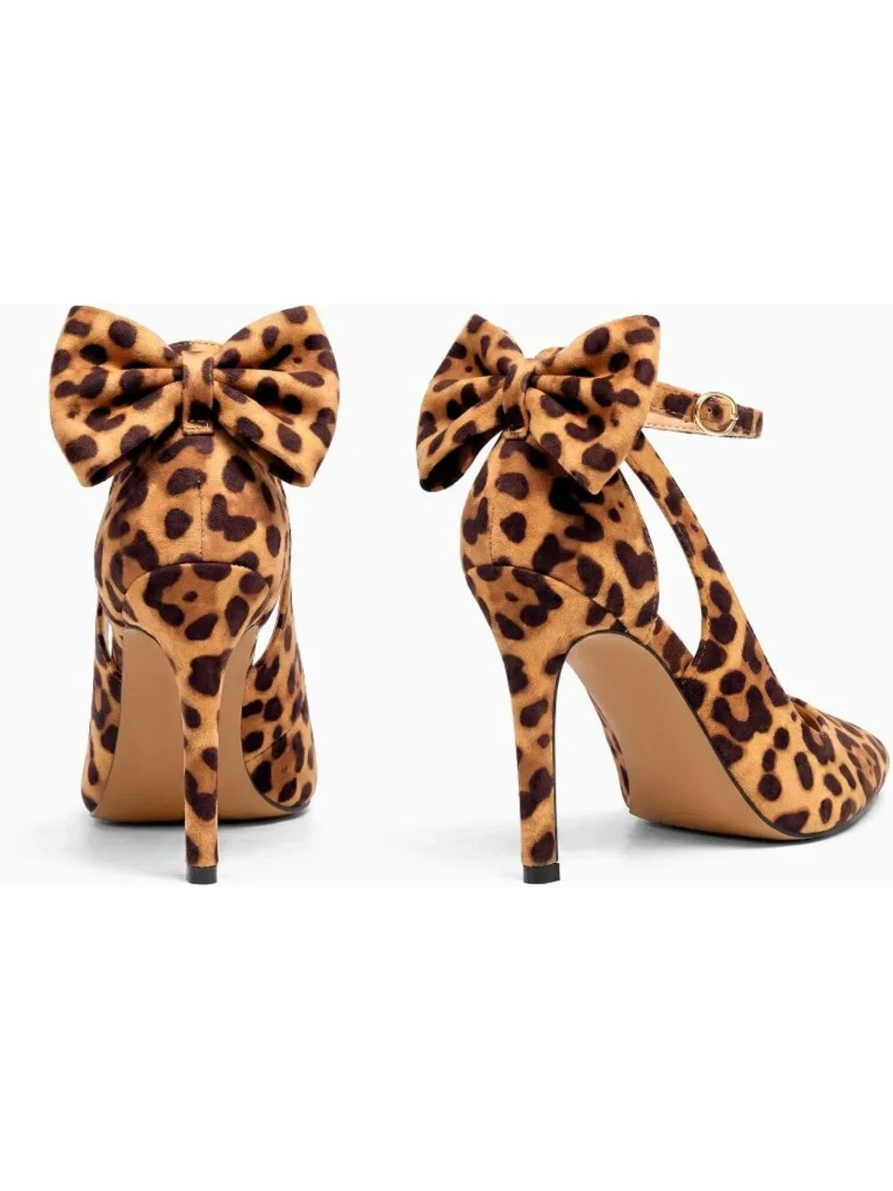 Women's Leopard Pointed Toe High Heels Ankle Strap Sexy Bowtie Back Dress Sandal